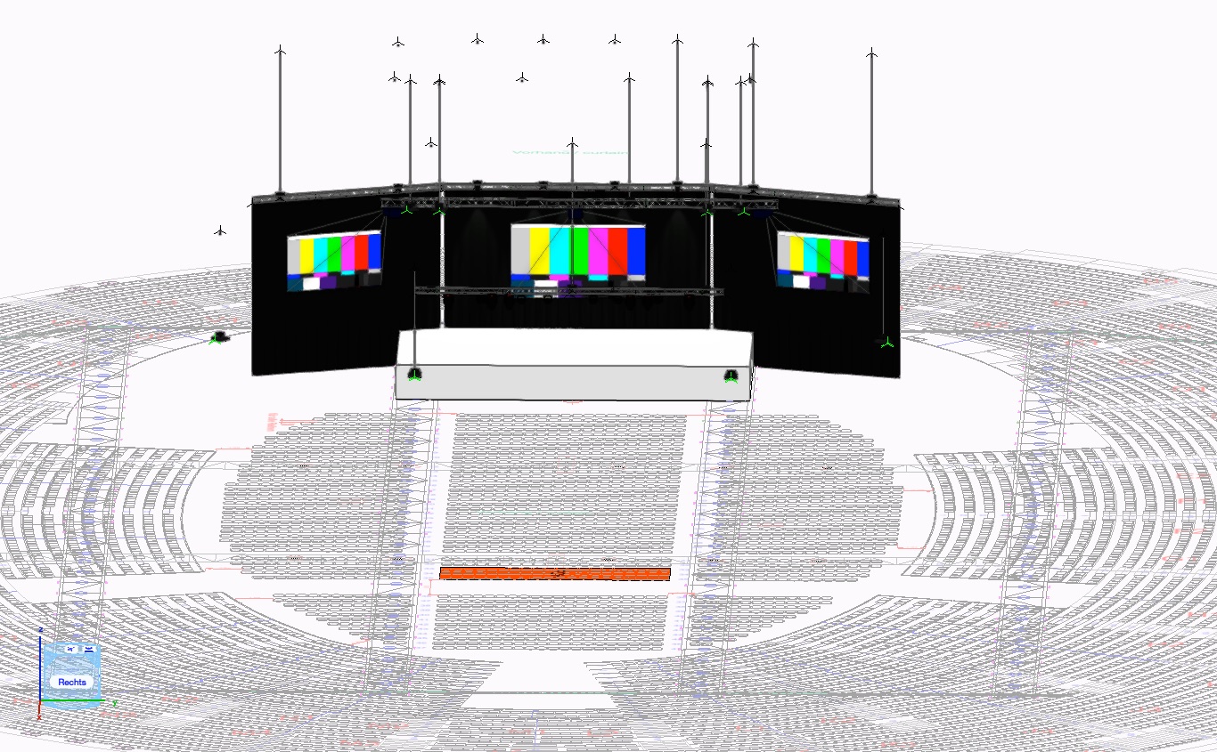 Dreidimensionaler Entwurf einer Bühne mit drei LED-Flächen in einer Arena